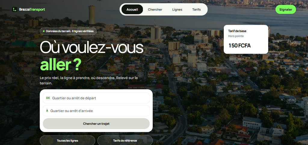 Aperçu de Brazza Transport : recherche d'itinéraire sur une vue aérienne de Brazzaville.