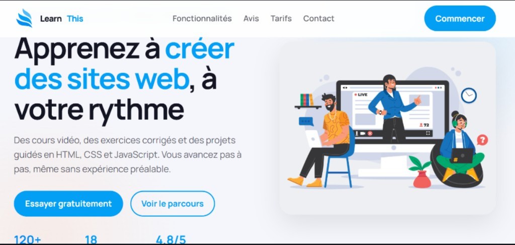 Aperçu de la landing page LearnThis : bannière, sections pédagogiques et appels à l'action.