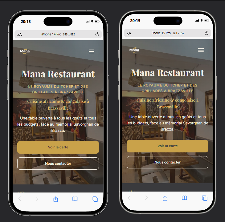 Aperçu mobile du site vitrine Mana Restaurant.